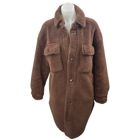 Gap Women's Brown Sherpa Fleece Button Down Long Sleeve Teddy Coat Jacket Size M - Picture 1 of 3